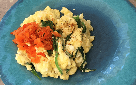 Eggs and Spinach Scramble with Red Pepper Pesto
